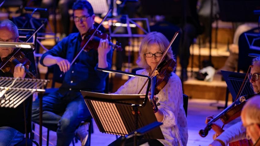 A woman concentrates on playing the violin.